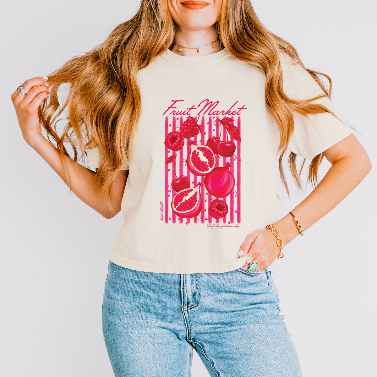 S.W.Smiley Fruit Market Pomegranate - Women's Boxy Crop Top Graphic T-Shirt