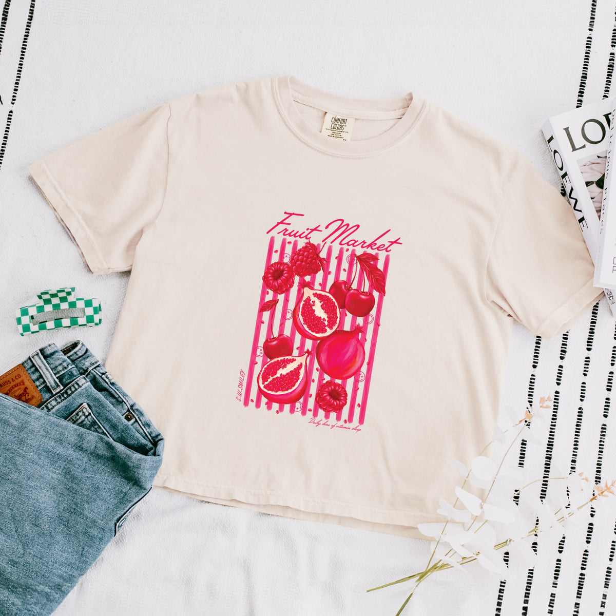 S.W.Smiley Fruit Market Pomegranate - Women's Boxy Crop Top Graphic T-Shirt