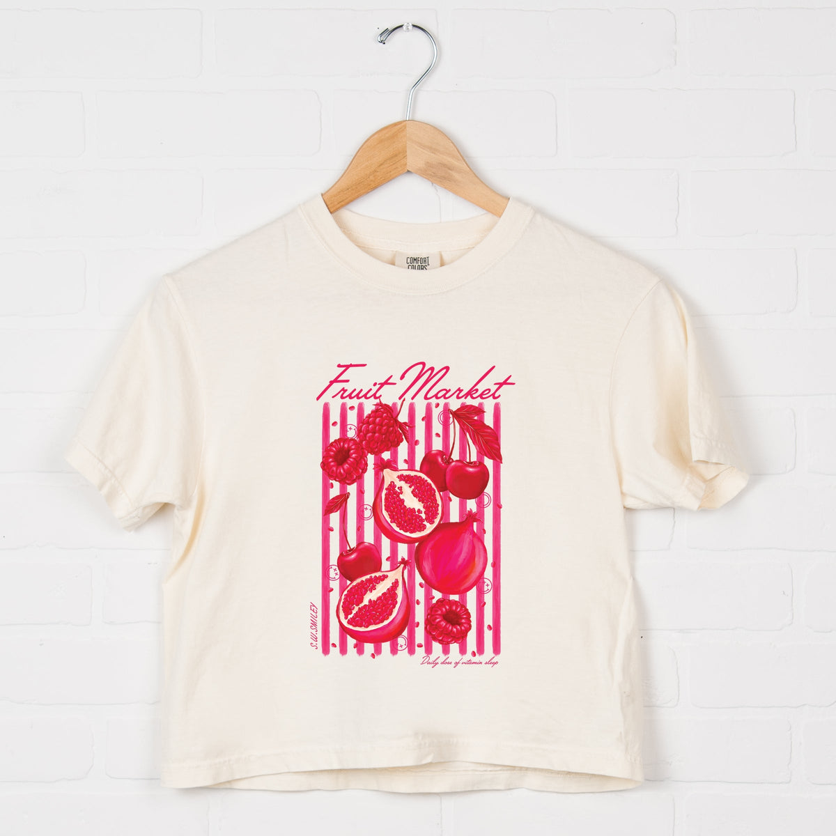 S.W.Smiley Fruit Market Pomegranate - Women's Boxy Crop Top Graphic T-Shirt