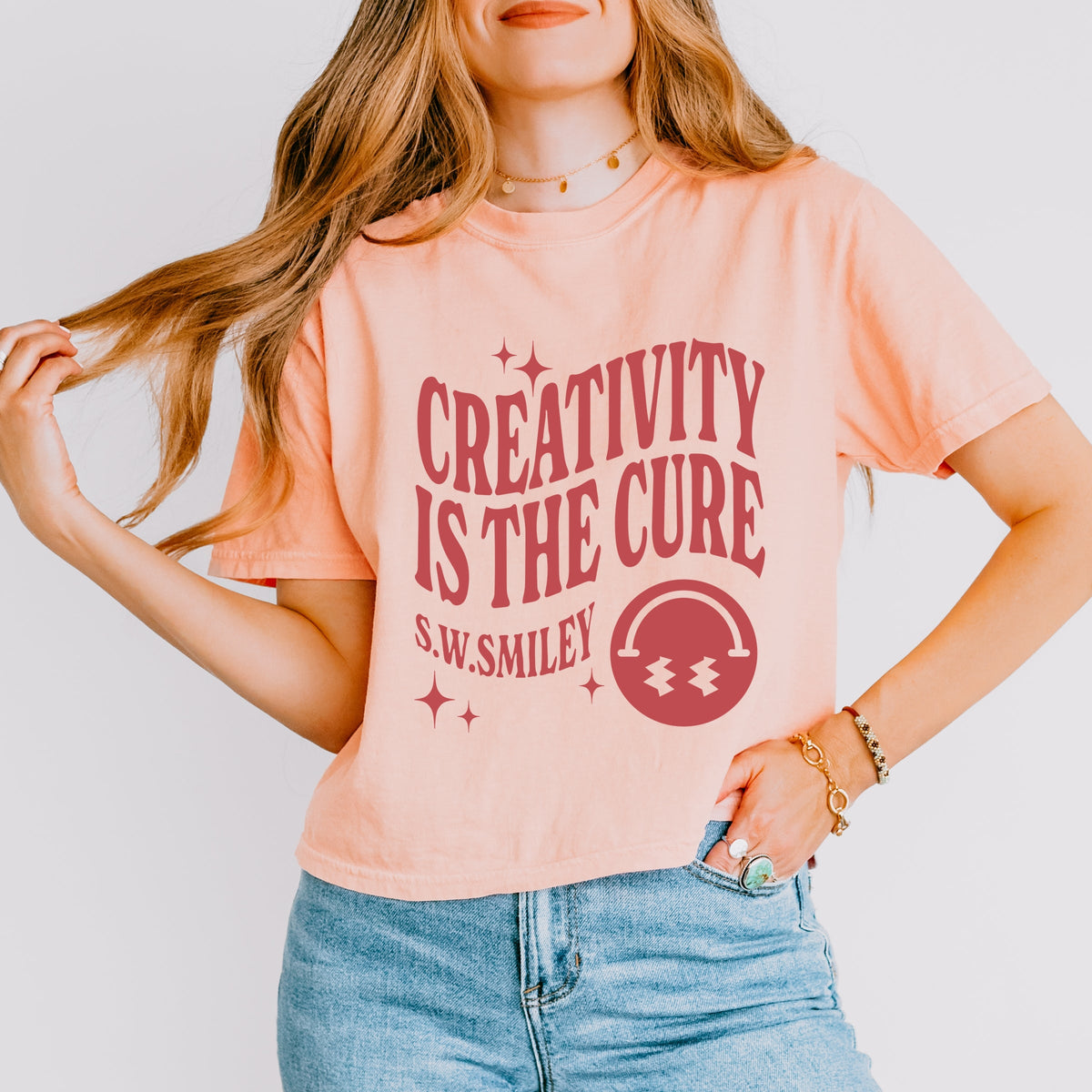 S.W.Smiley Creativity Is The Cure - Women's Boxy Crop Top Graphic T-Shirt
