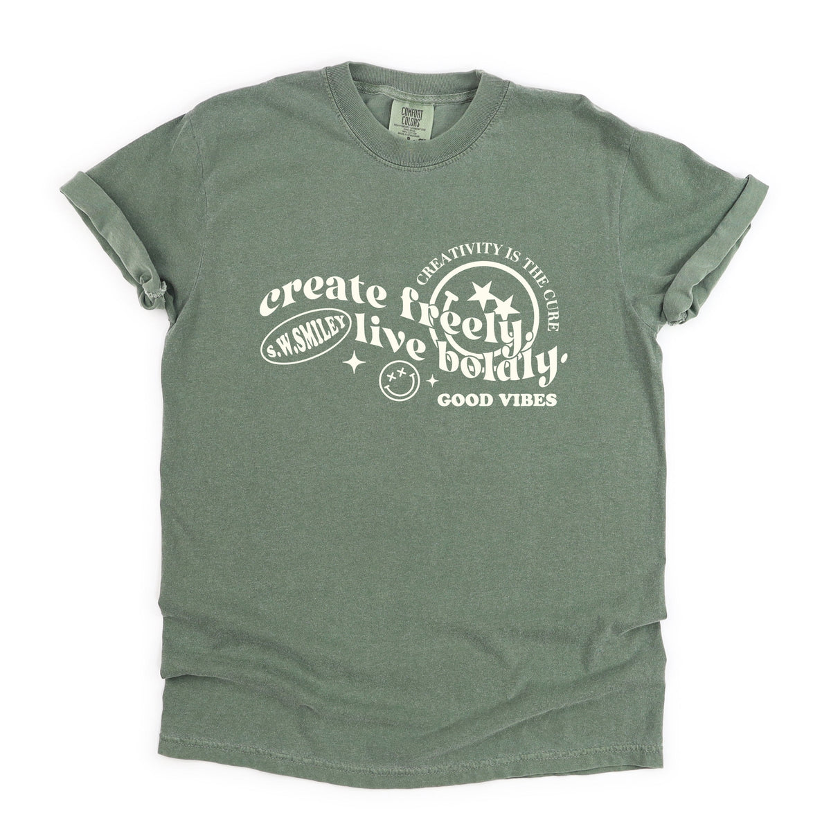 S.W.Smiley Create Freely Live Boldly - Women's Garment Dyed Graphic T-Shirt