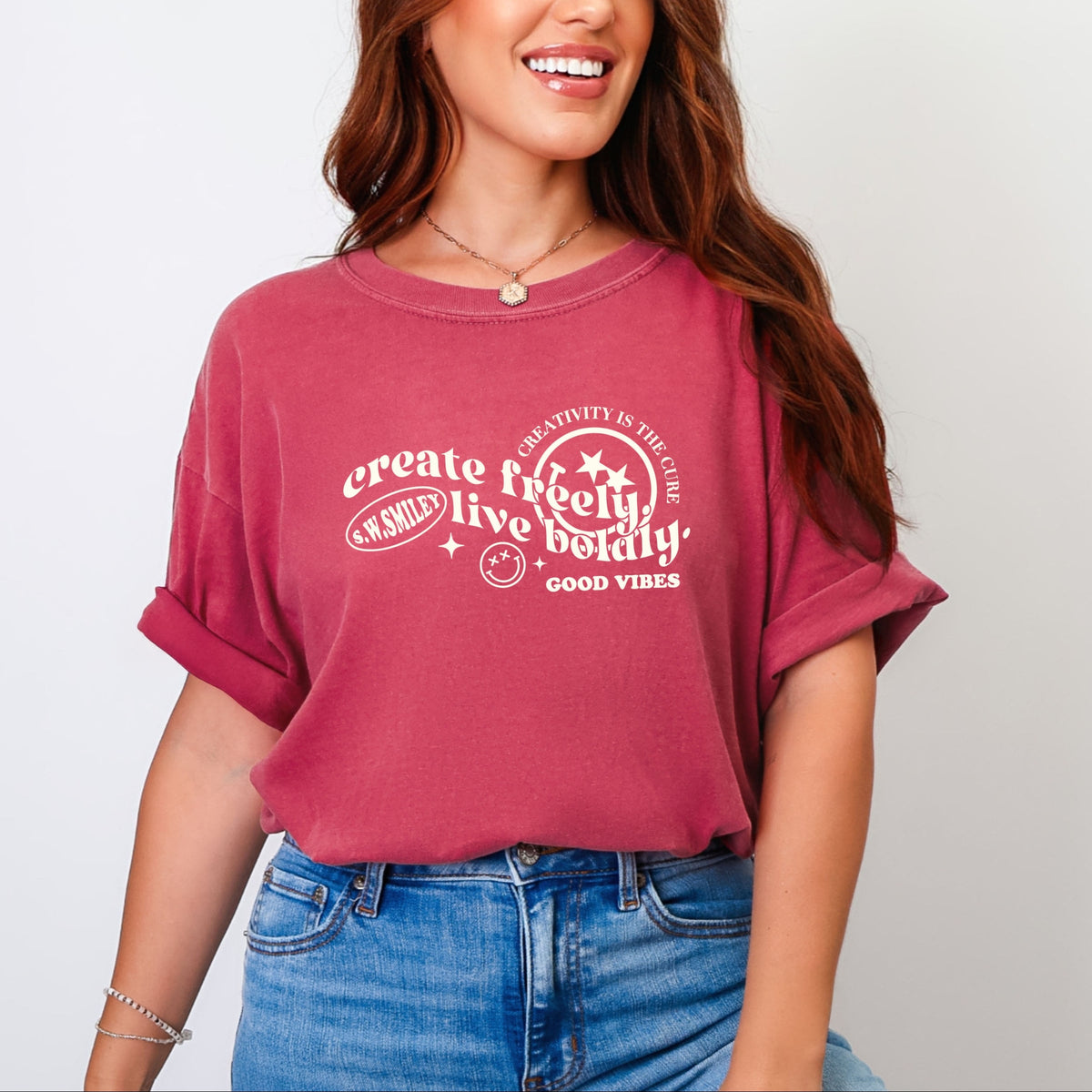 S.W.Smiley Create Freely Live Boldly - Women's Garment Dyed Graphic T-Shirt