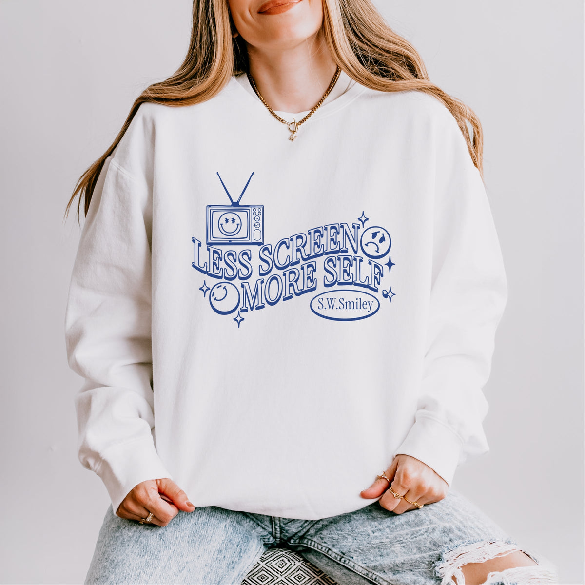 S.W.Smiley Less Screen More Self - Women's Lightweight Garment Dyed Sweatshirt