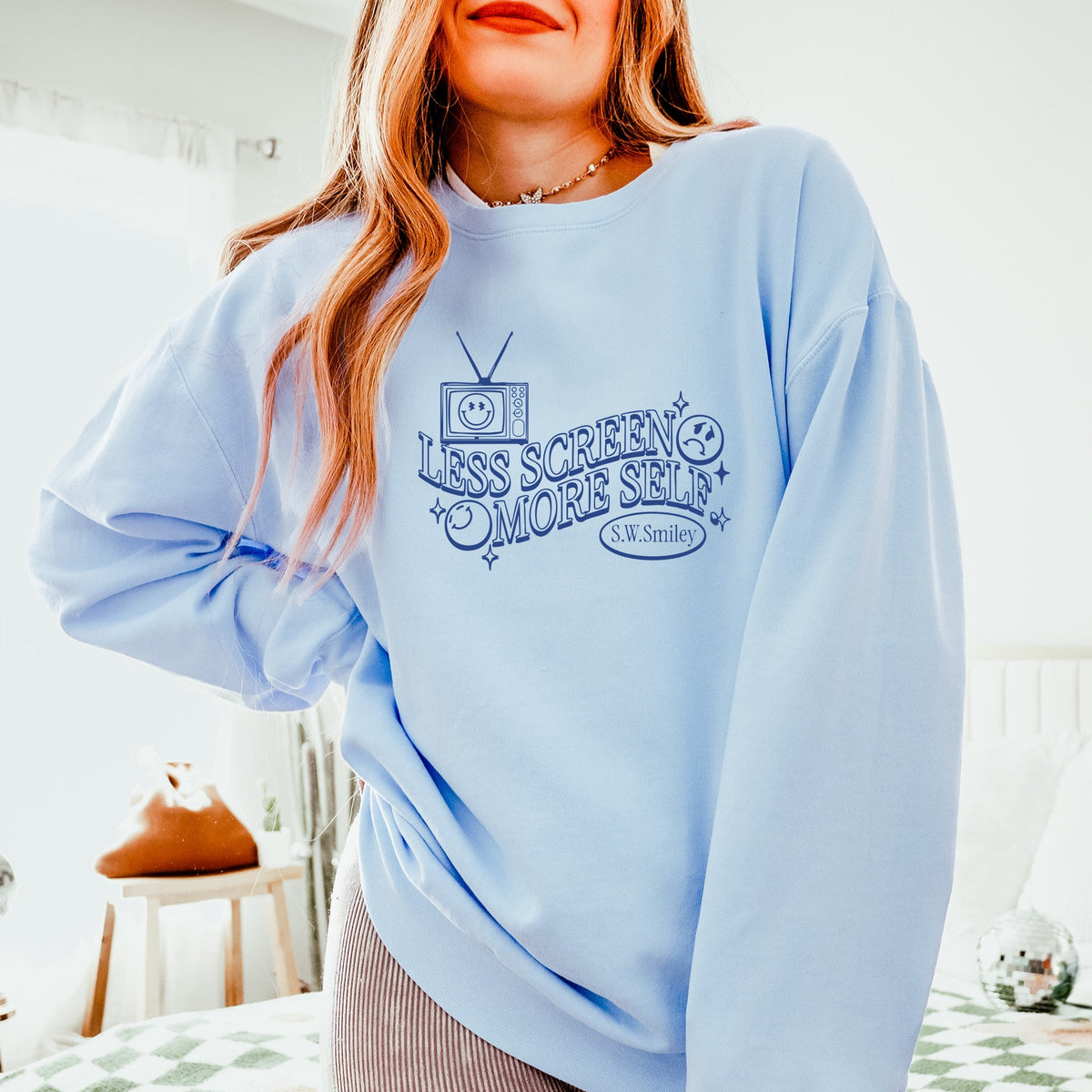S.W.Smiley Less Screen More Self - Women's Lightweight Garment Dyed Sweatshirt