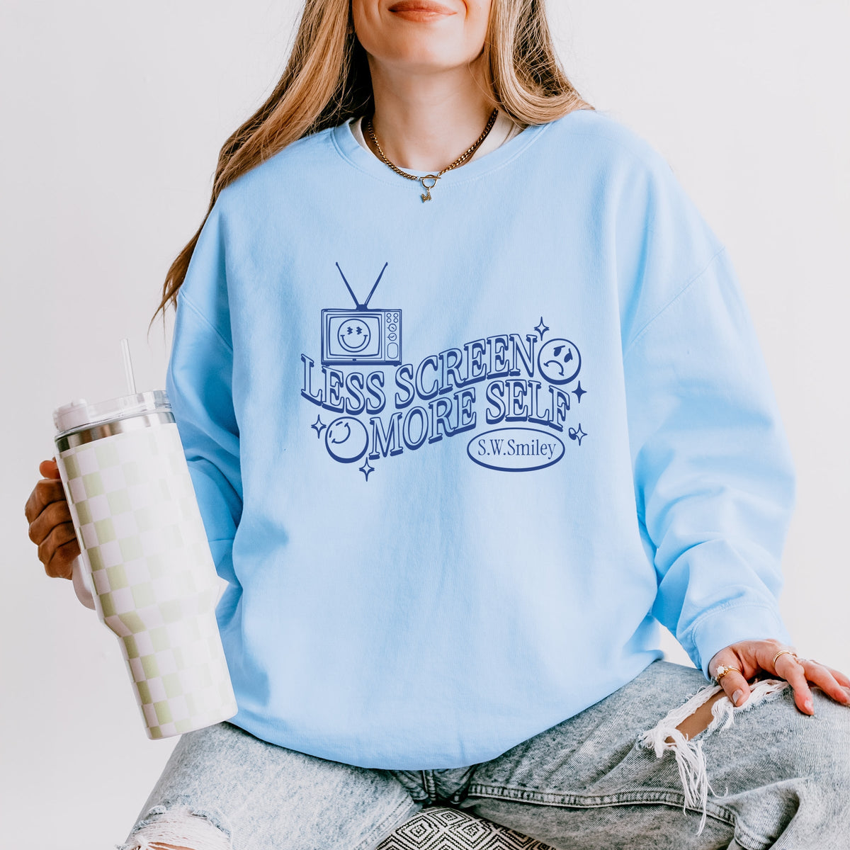 S.W.Smiley Less Screen More Self - Women's Lightweight Garment Dyed Sweatshirt