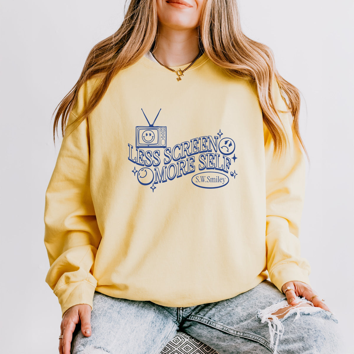 S.W.Smiley Less Screen More Self - Women's Lightweight Garment Dyed Sweatshirt