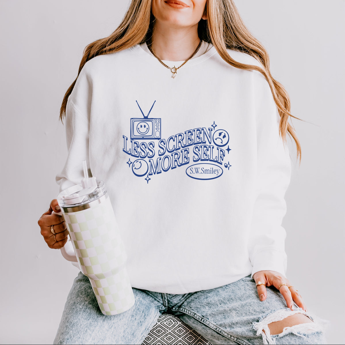 S.W.Smiley Less Screen More Self - Women's Lightweight Garment Dyed Sweatshirt