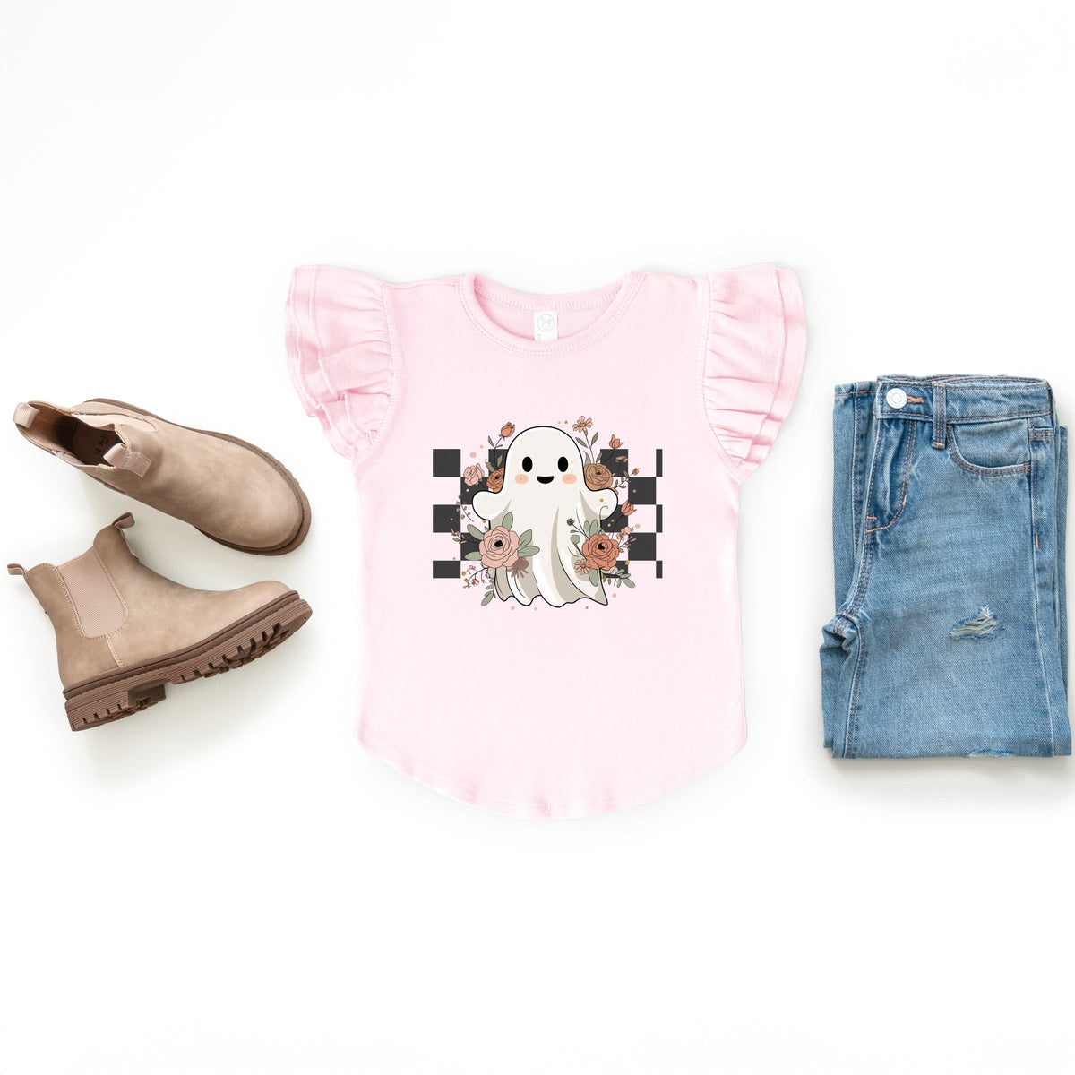 Checkered Ghost Rose - Kids Flutter Sleeve Tee