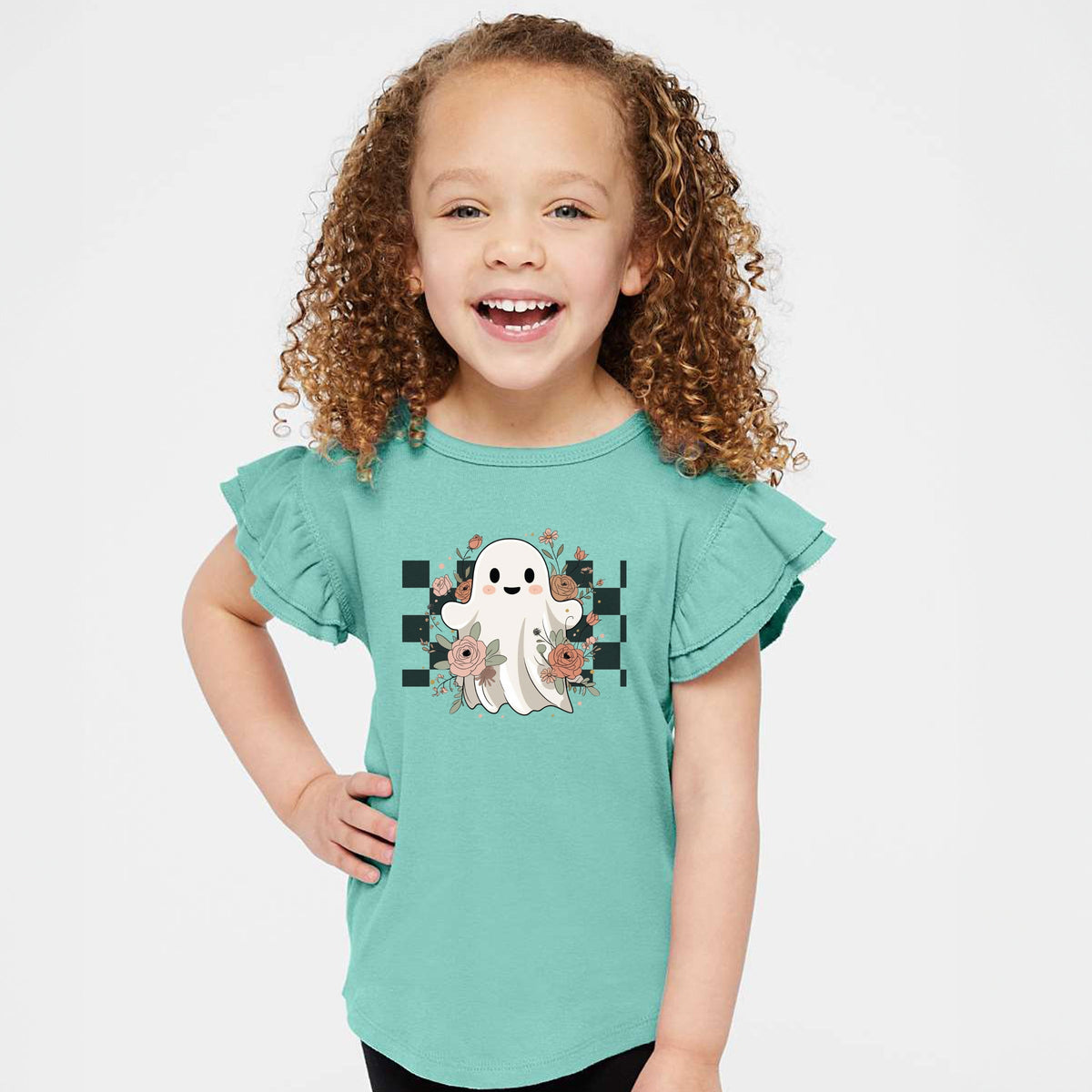 Checkered Ghost Rose - Kids Flutter Sleeve Tee