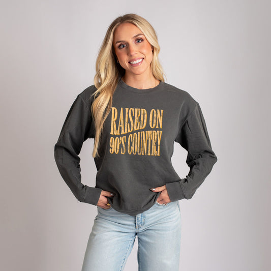 Raised on 90s Country Distressed - Women's Garment Dyed Long Sleeve Graphic T-Shirt