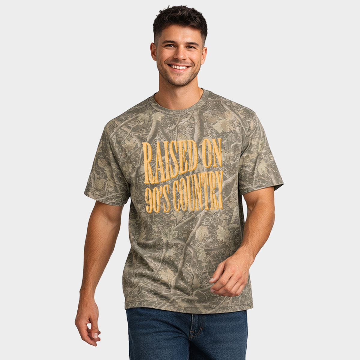 Raised on 90s Country Distressed - Men's Heavyweight Camo Tee