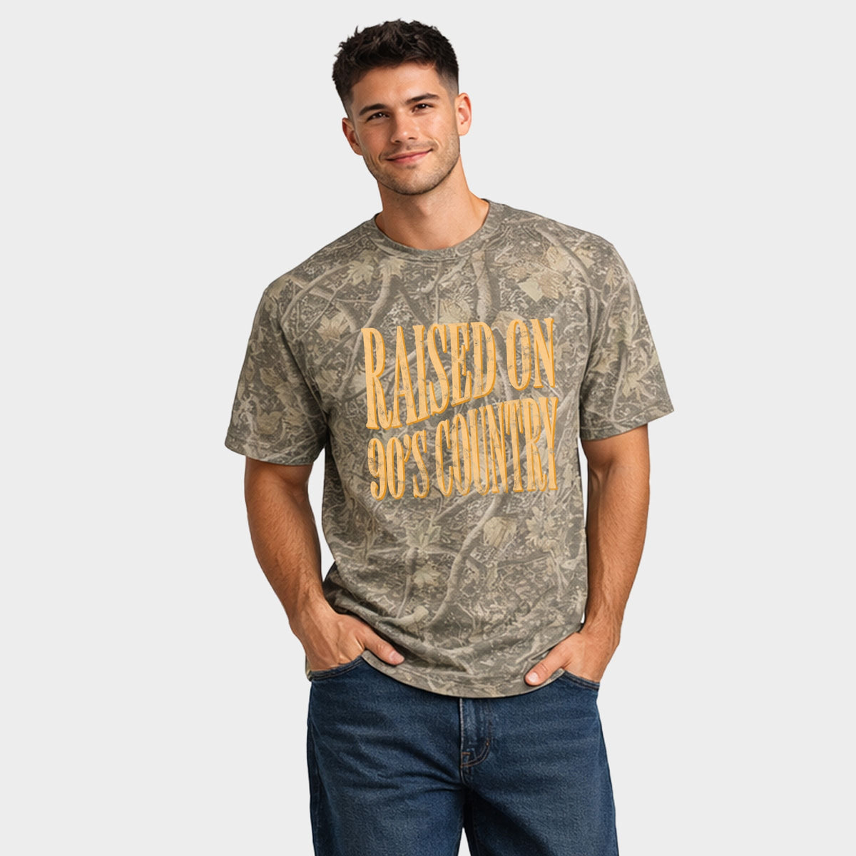 Raised on 90s Country Distressed - Men's Heavyweight Camo Tee