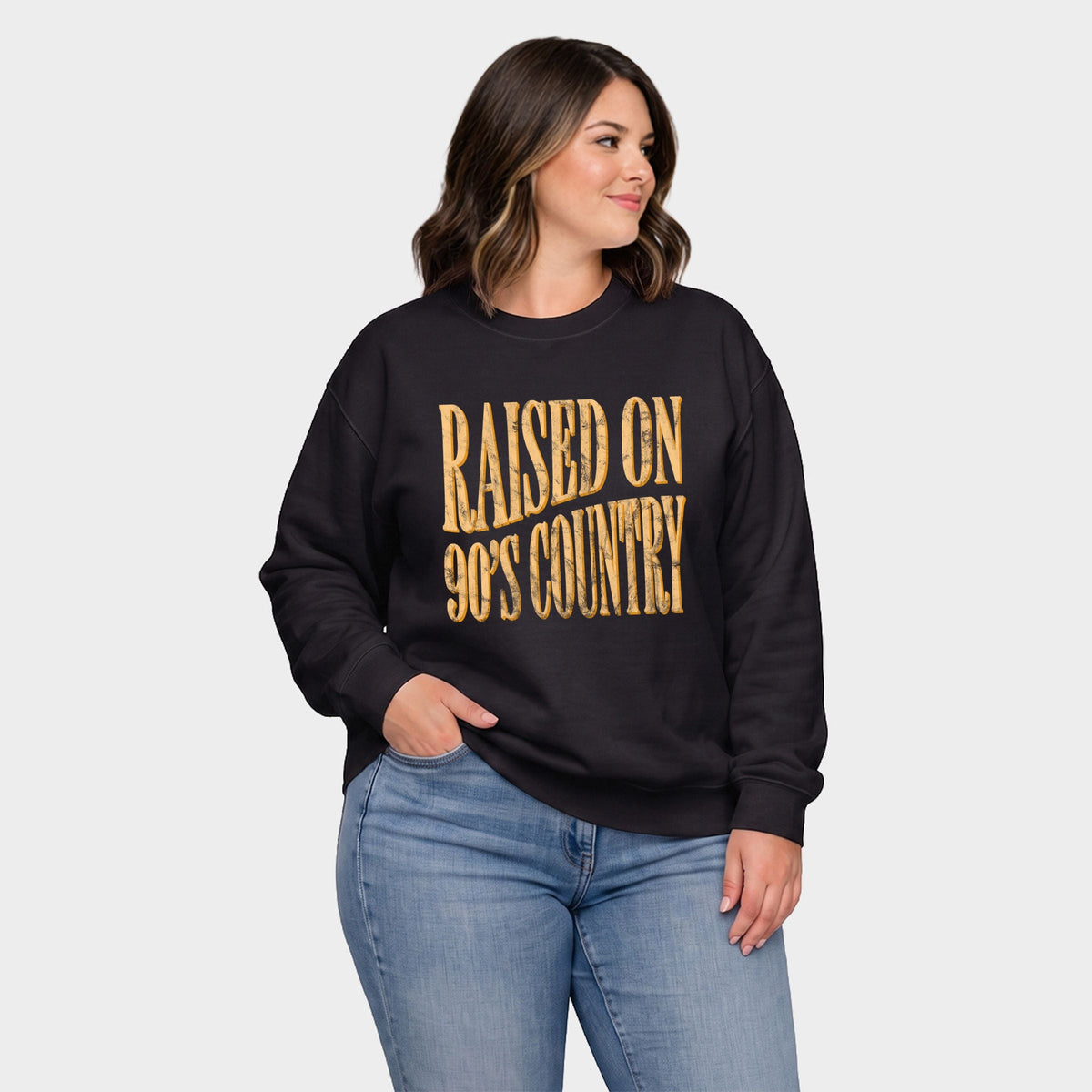 Raised on 90s Country Distressed - Women's Plus Sized Graphic Sweatshirt