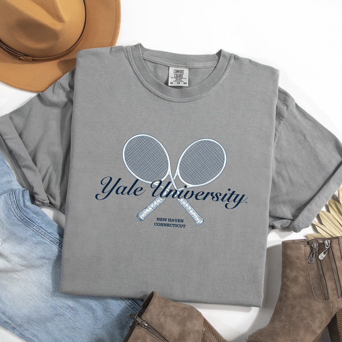 Yale University Tennis Rackets - Women's Garment Dyed Graphic T-Shirt