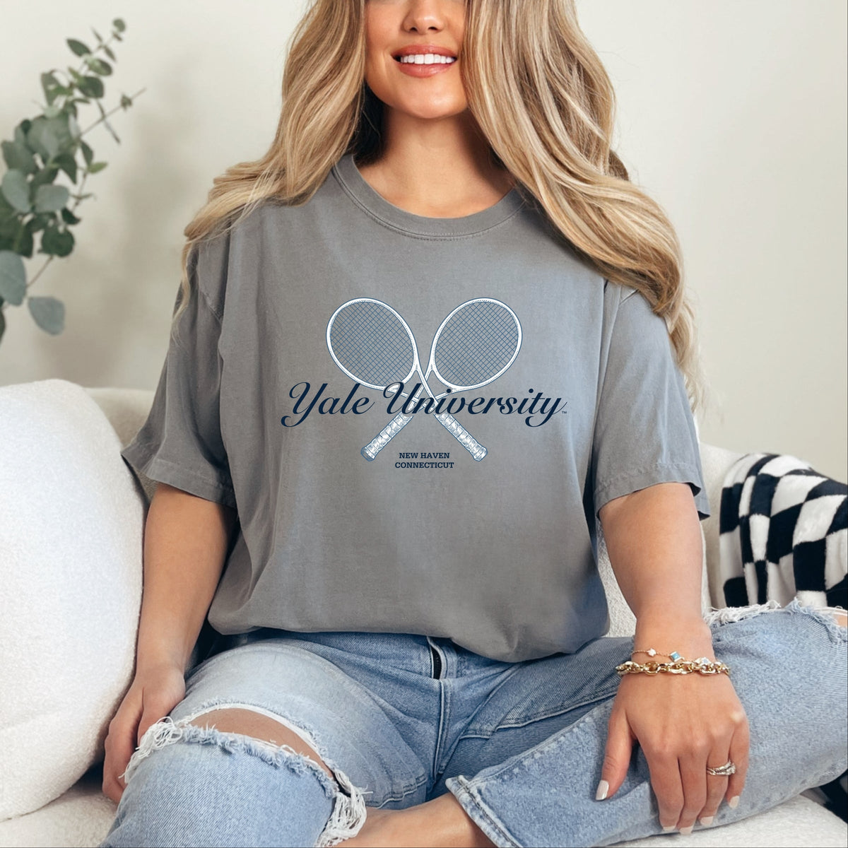 Yale University Tennis Rackets - Women's Garment Dyed Graphic T-Shirt