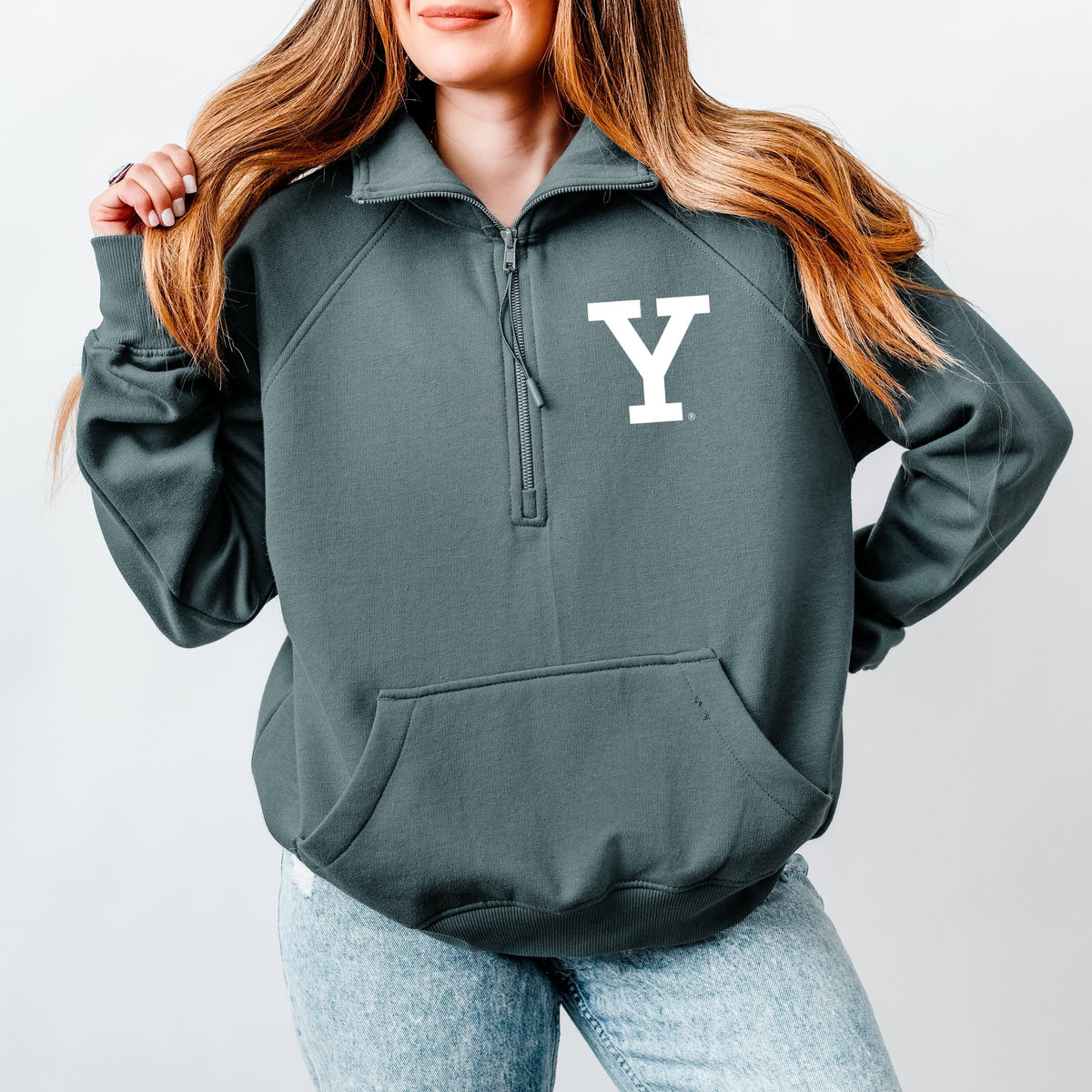 Yale 1701 New Haven Distressed Front and Back - Womens Quarter Zip Fleece Graphic Sweatshirt