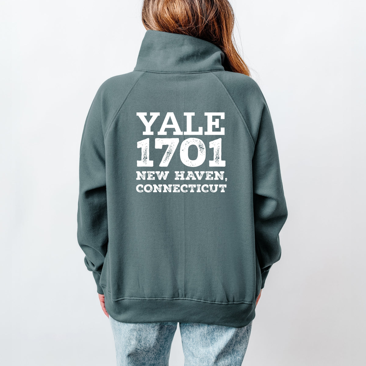 Yale 1701 New Haven Distressed Front and Back - Womens Quarter Zip Fleece Graphic Sweatshirt