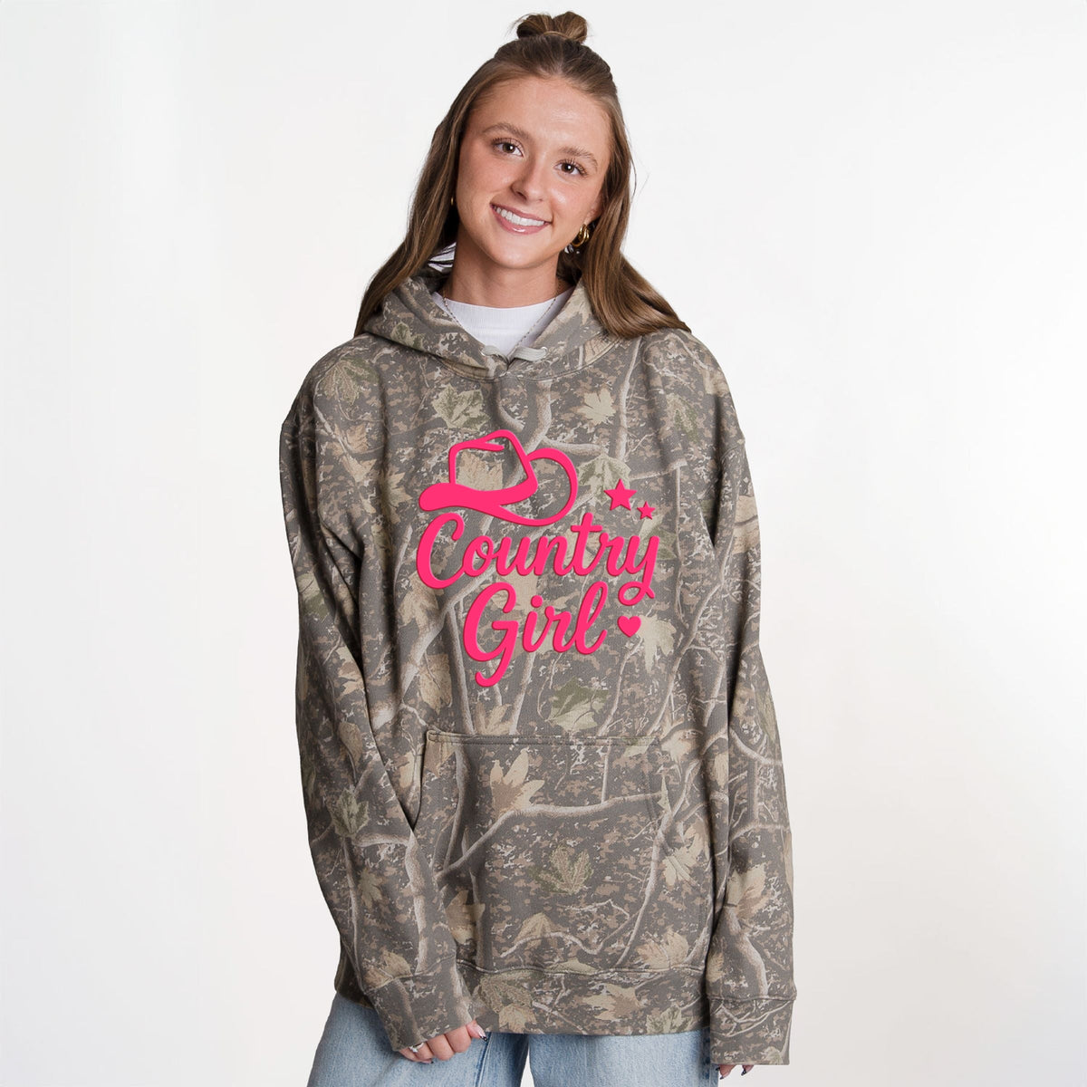 Country Girl Hat Puff Print - Camo Hoodie