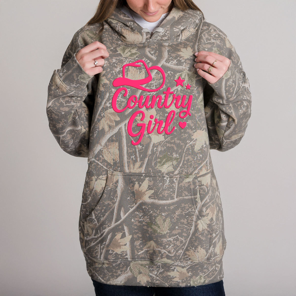 Country Girl Hat Puff Print - Camo Hoodie