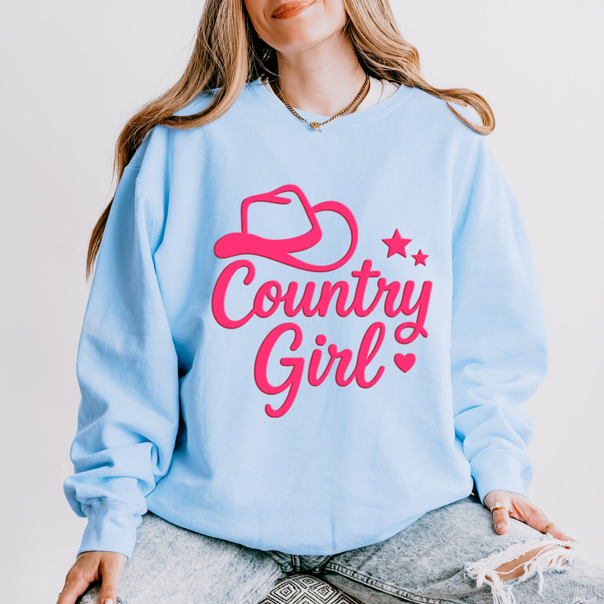 Country Girl Hat Puff Print  - Womens Lightweight Garment Dyed Sweatshirt