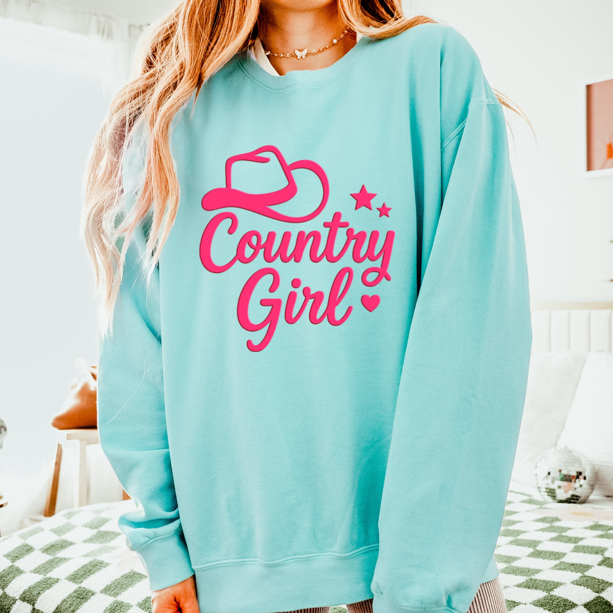 Country Girl Hat Puff Print  - Womens Lightweight Garment Dyed Sweatshirt