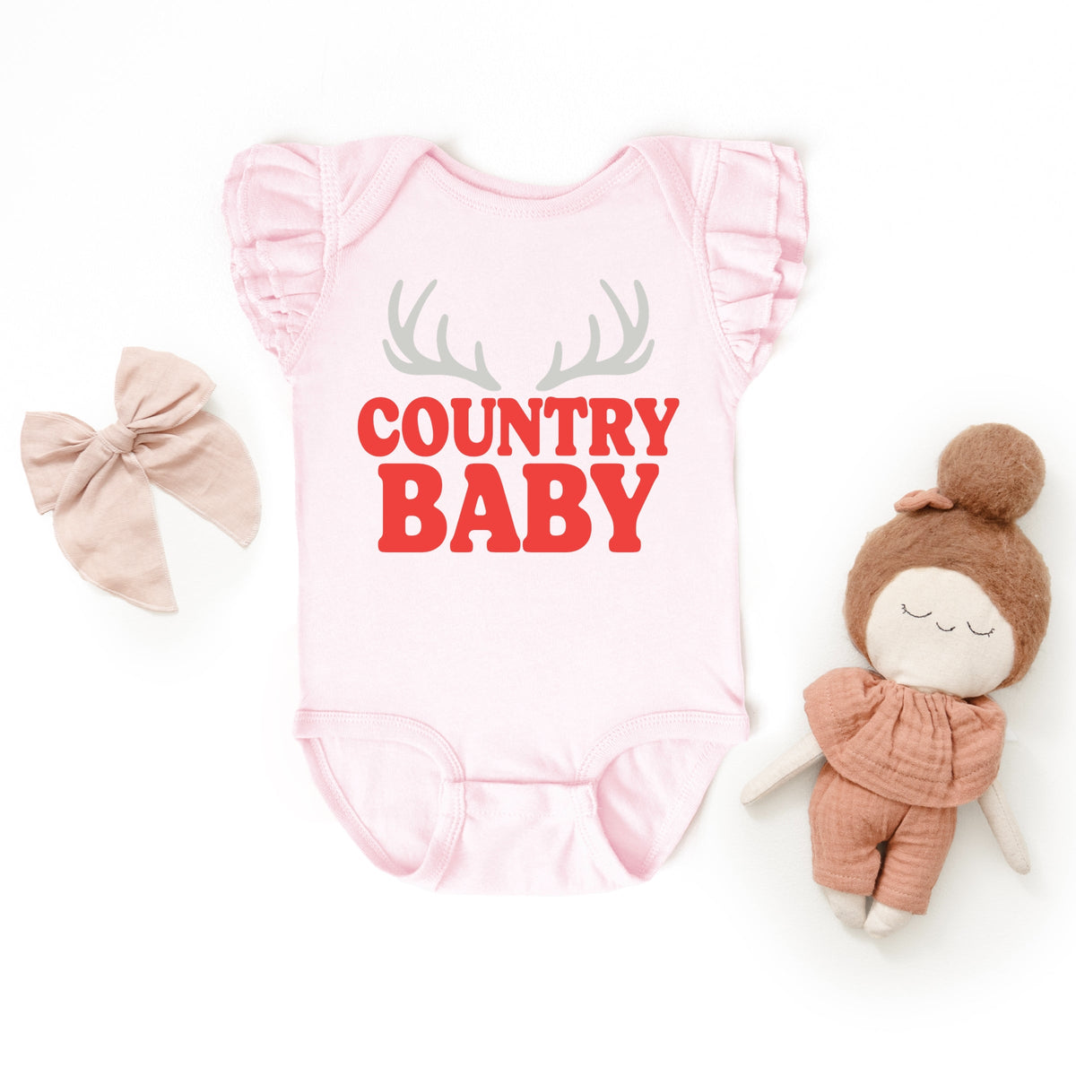 Country Baby Antlers Puff Print  - Baby Flutter Sleeve Bodysuit