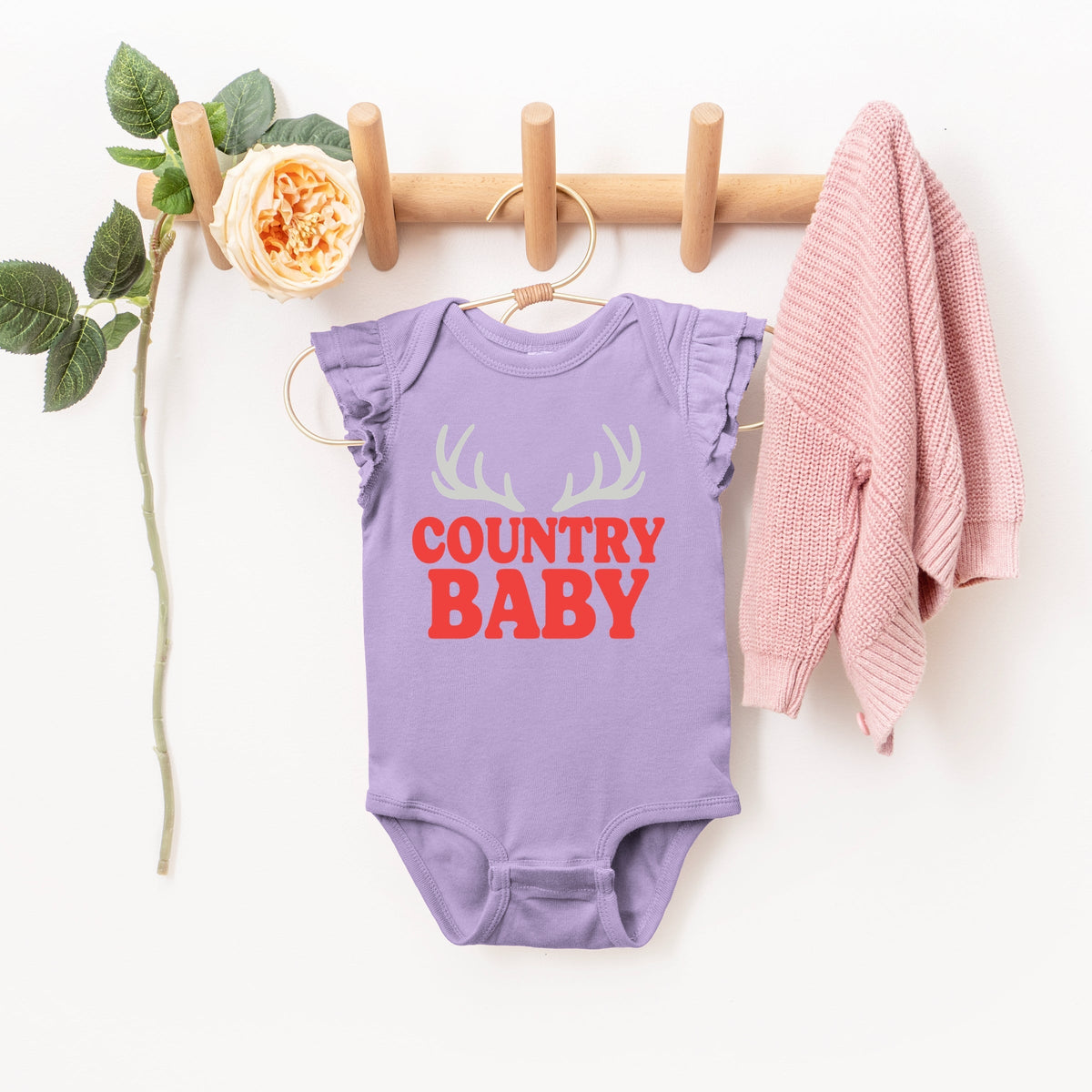 Country Baby Antlers Puff Print  - Baby Flutter Sleeve Bodysuit