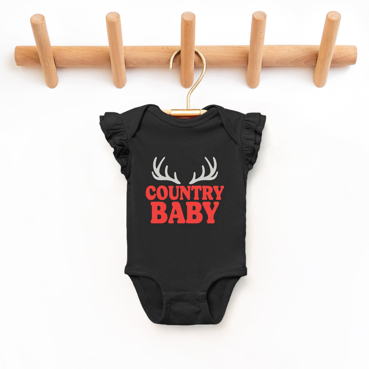 Country Baby Antlers Puff Print  - Baby Flutter Sleeve Bodysuit