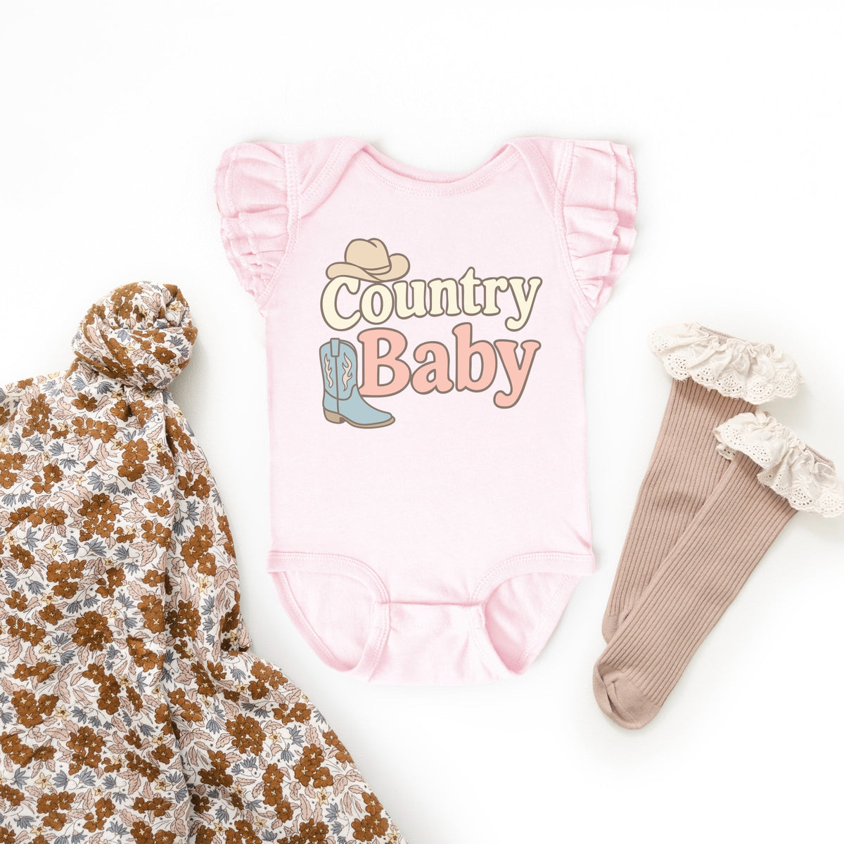 Country Baby Outline Pastel - Baby Flutter Sleeve Bodysuit