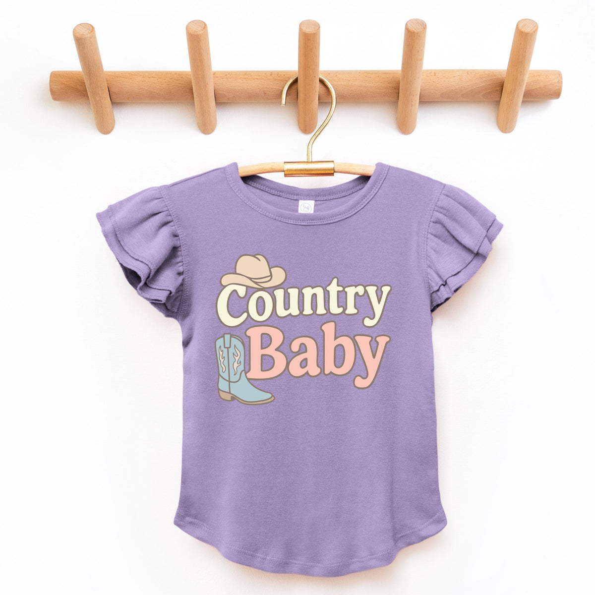 Country Baby Outline Pastel - Flutter Sleeve Graphic T-Shirt