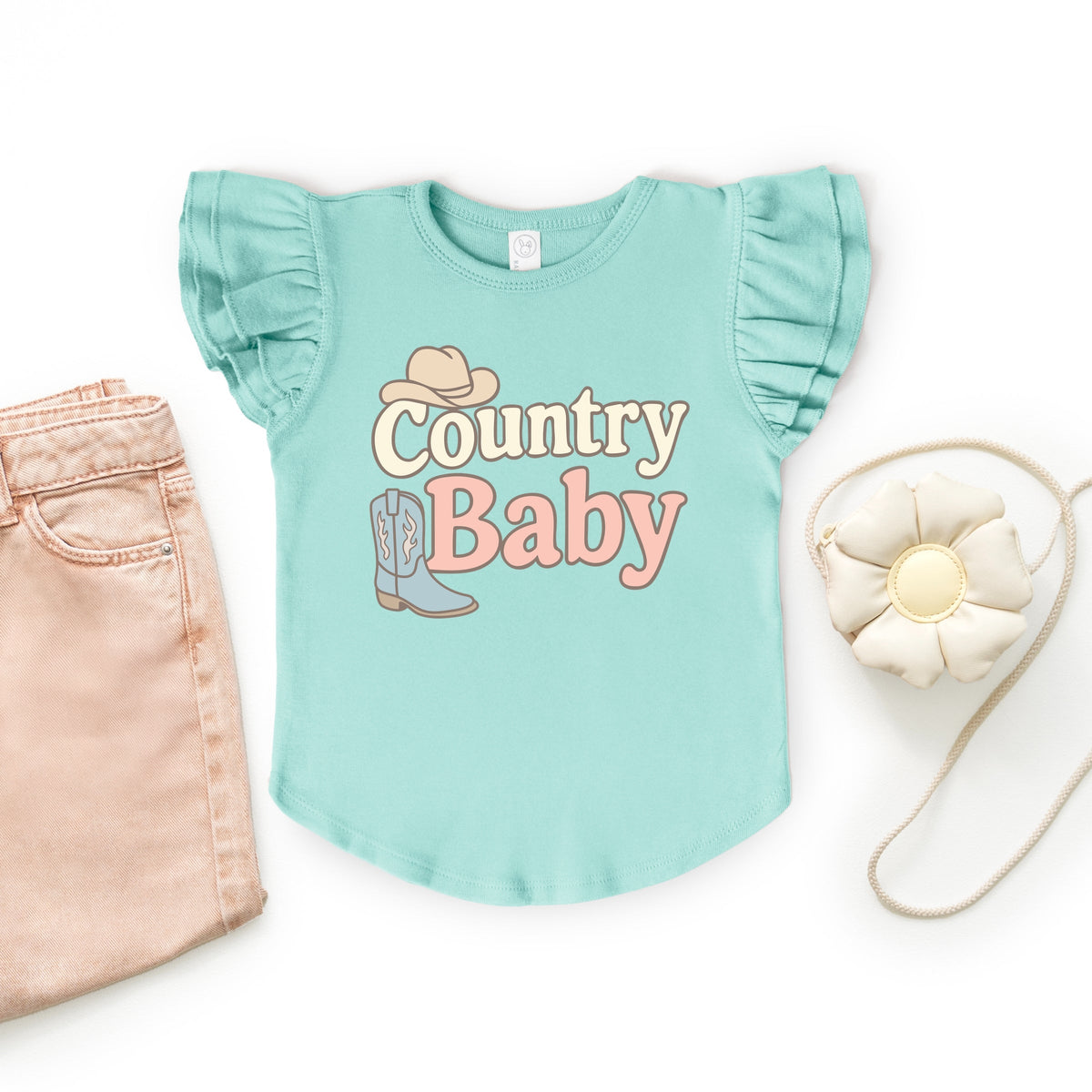 Country Baby Outline Pastel - Flutter Sleeve Graphic T-Shirt