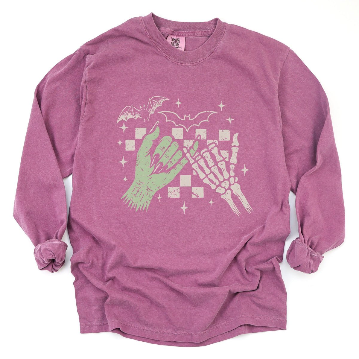 Pinky Promise Skeleton - Women's Garment Dyed Long Sleeve Graphic T-Shirt