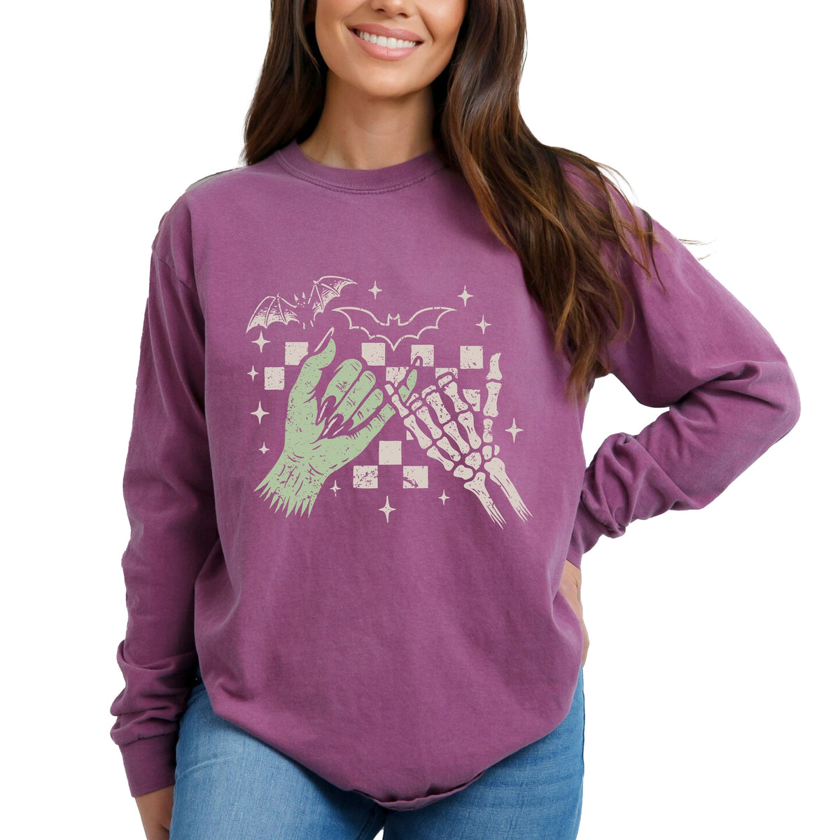 Pinky Promise Skeleton - Women's Garment Dyed Long Sleeve Graphic T-Shirt
