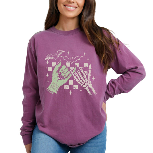 Pinky Promise Skeleton - Women's Garment Dyed Long Sleeve Graphic T-Shirt