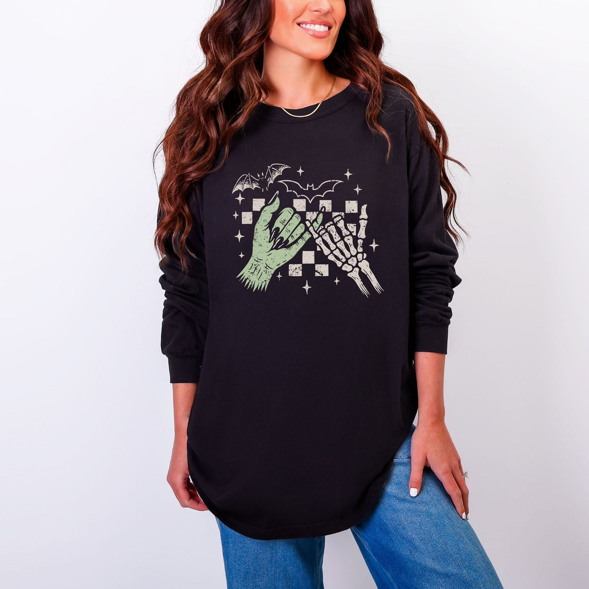 Pinky Promise Skeleton - Women's Garment Dyed Long Sleeve Graphic T-Shirt
