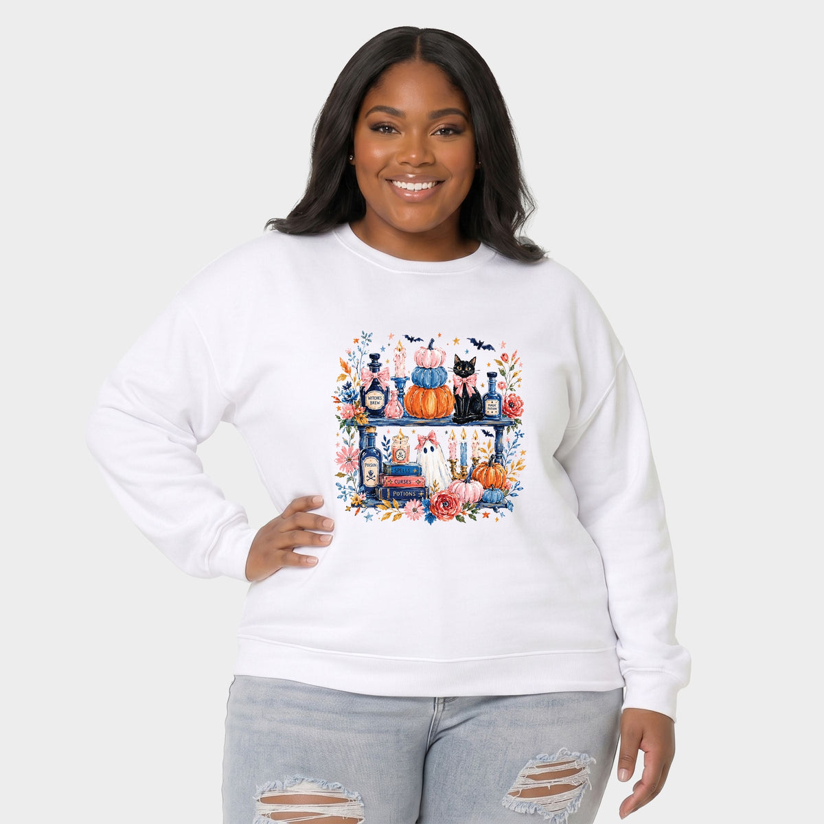 Coquette Halloween Bookshelf -  Women's Plus Sized Graphic Sweatshirt