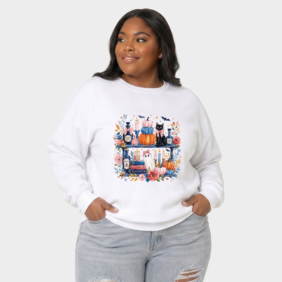 Coquette Halloween Bookshelf -  Women's Plus Sized Graphic Sweatshirt