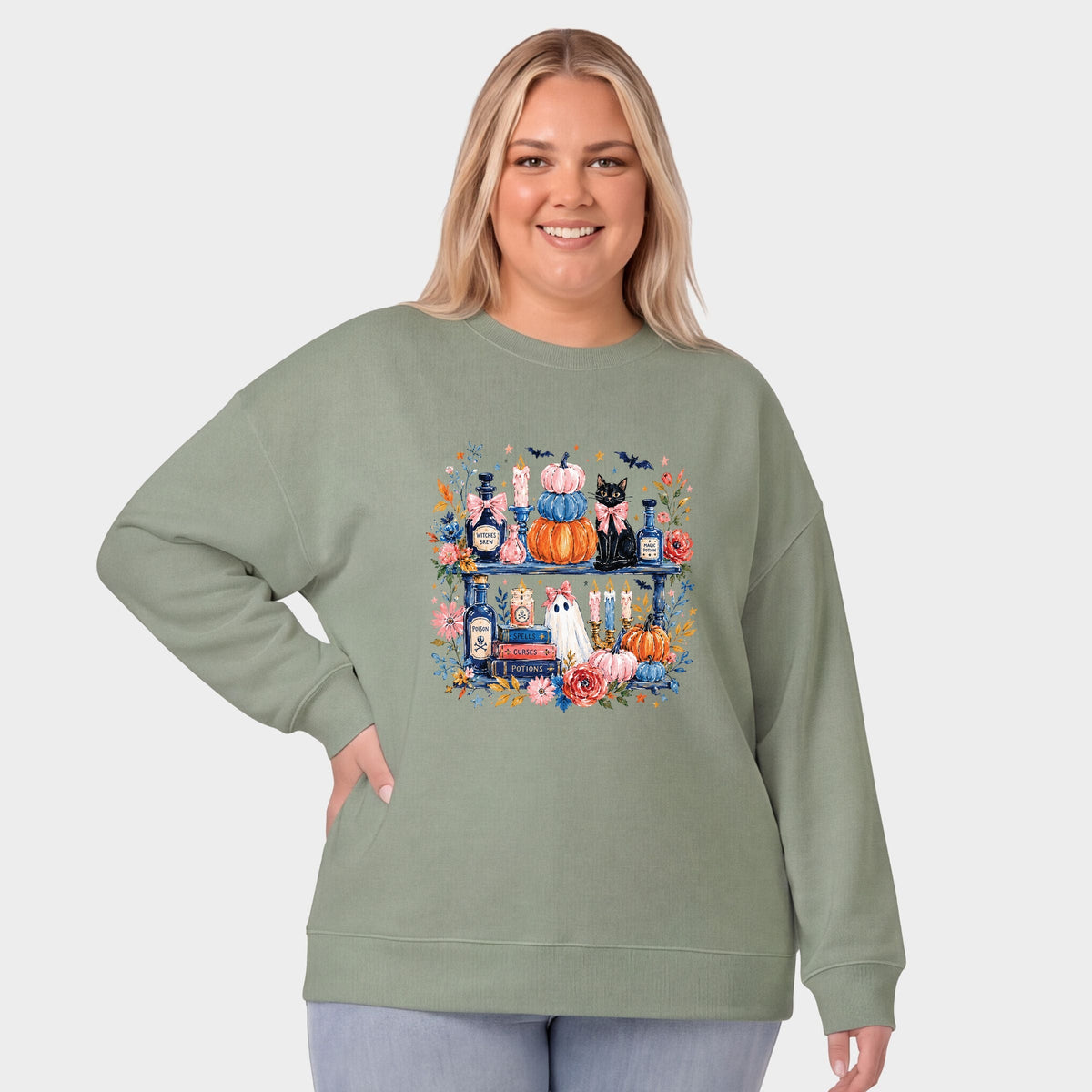 Coquette Halloween Bookshelf -  Women's Plus Sized Graphic Sweatshirt
