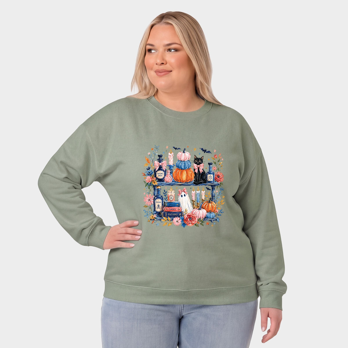 Coquette Halloween Bookshelf -  Women's Plus Sized Graphic Sweatshirt