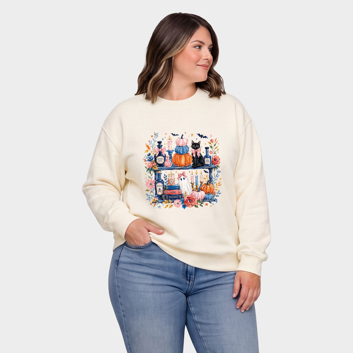 Coquette Halloween Bookshelf -  Women's Plus Sized Graphic Sweatshirt