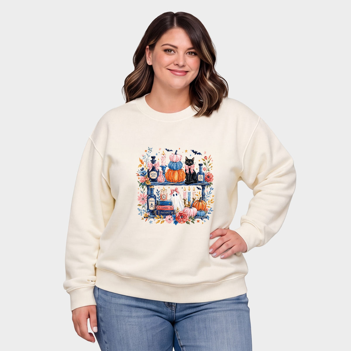 Coquette Halloween Bookshelf -  Women's Plus Sized Graphic Sweatshirt