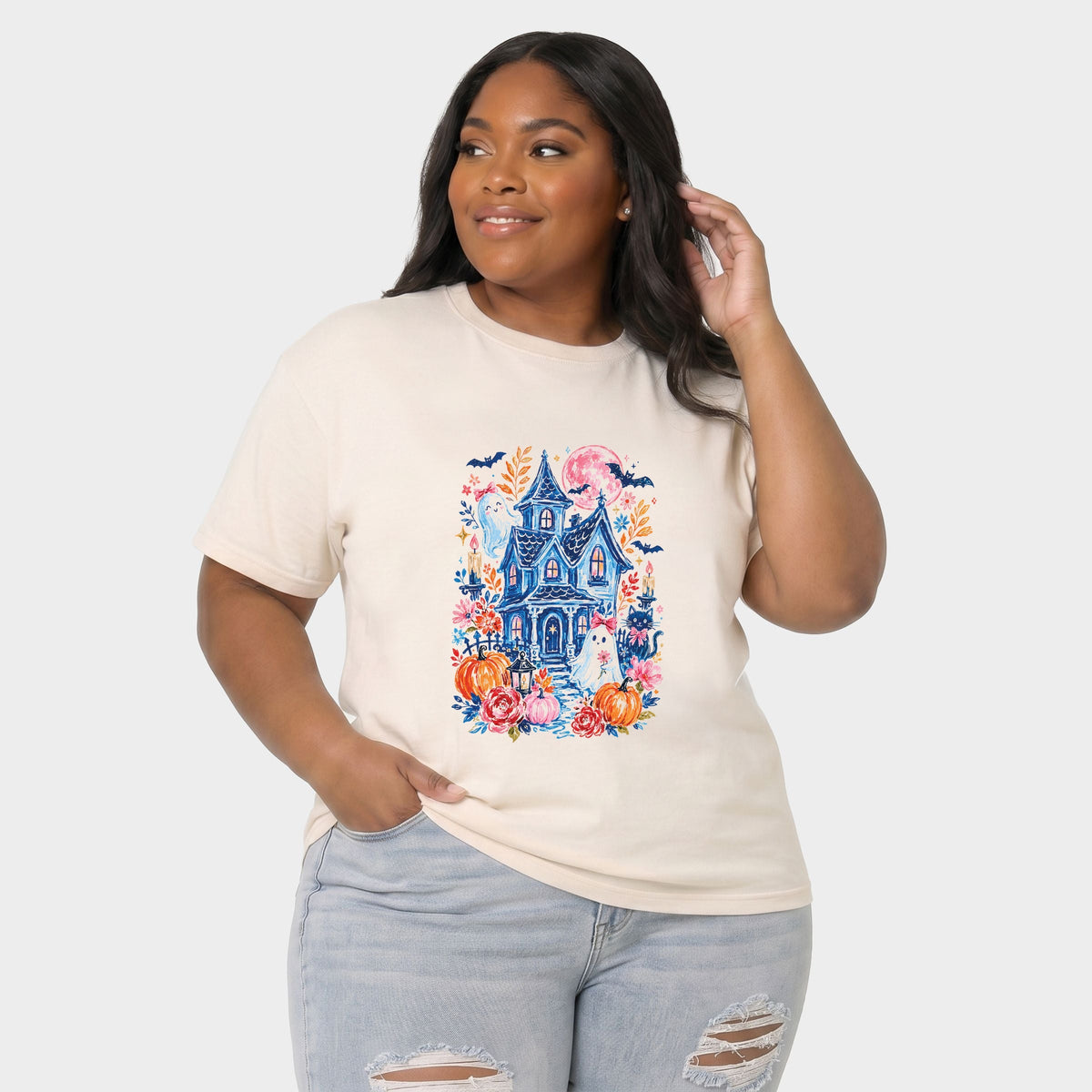 Coquette Haunted House  - Women's Plus Sized Garment Dyed Graphic T-Shirt