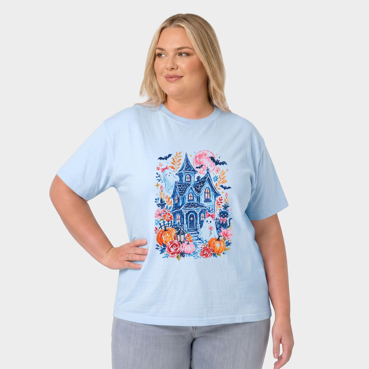 Coquette Haunted House  - Women's Plus Sized Garment Dyed Graphic T-Shirt