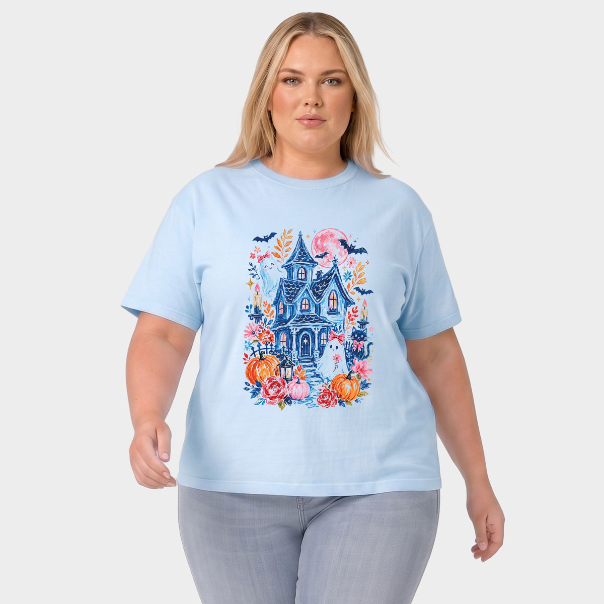 Coquette Haunted House  - Women's Plus Sized Garment Dyed Graphic T-Shirt