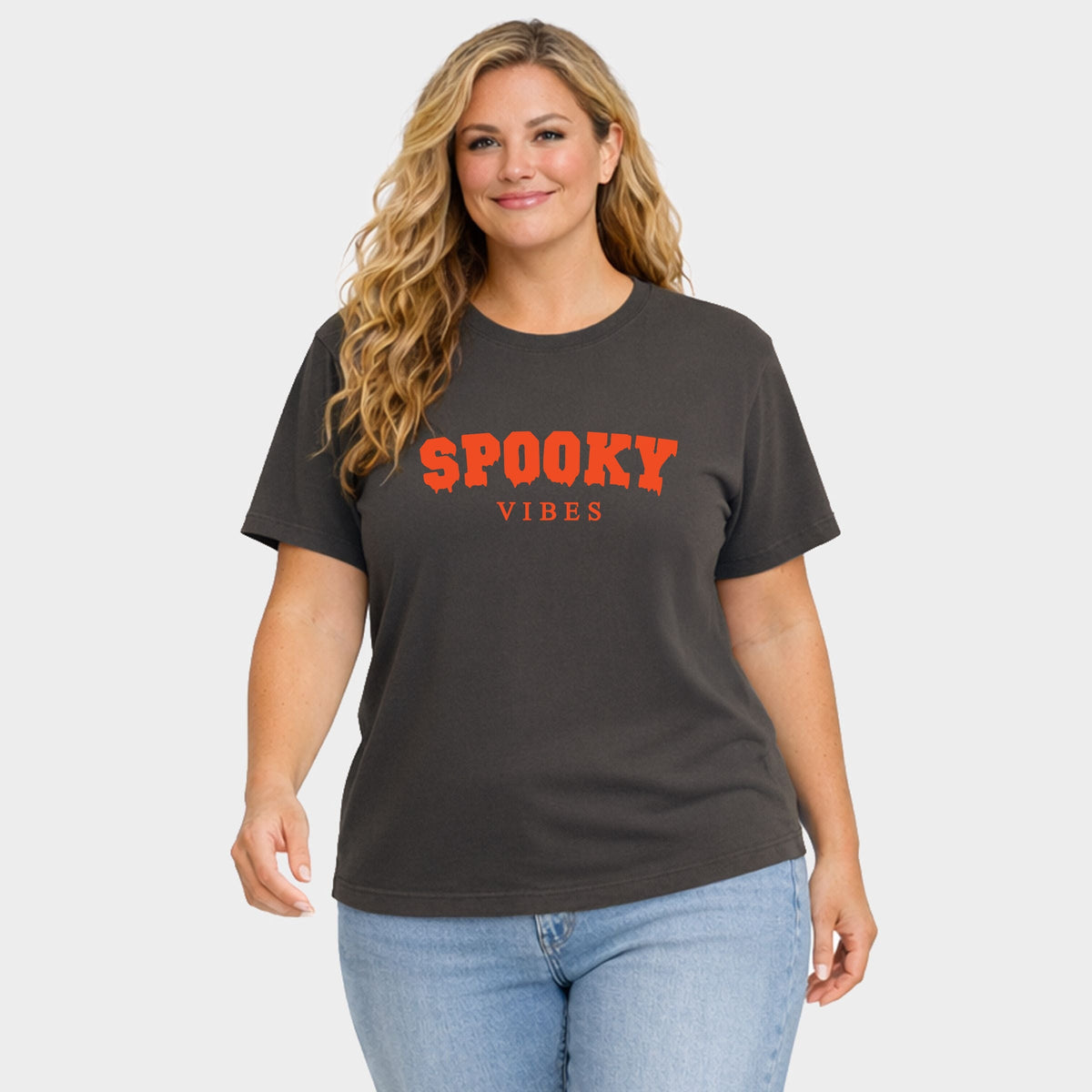 Spooky Vibes Puff Print - Women's Plus Sized Garment Dyed Graphic T-Shirt
