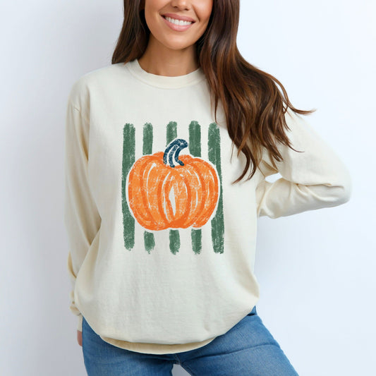 Pumpkin Stripes Distressed - Women's Garment Dyed Long Sleeve Graphic T-Shirt