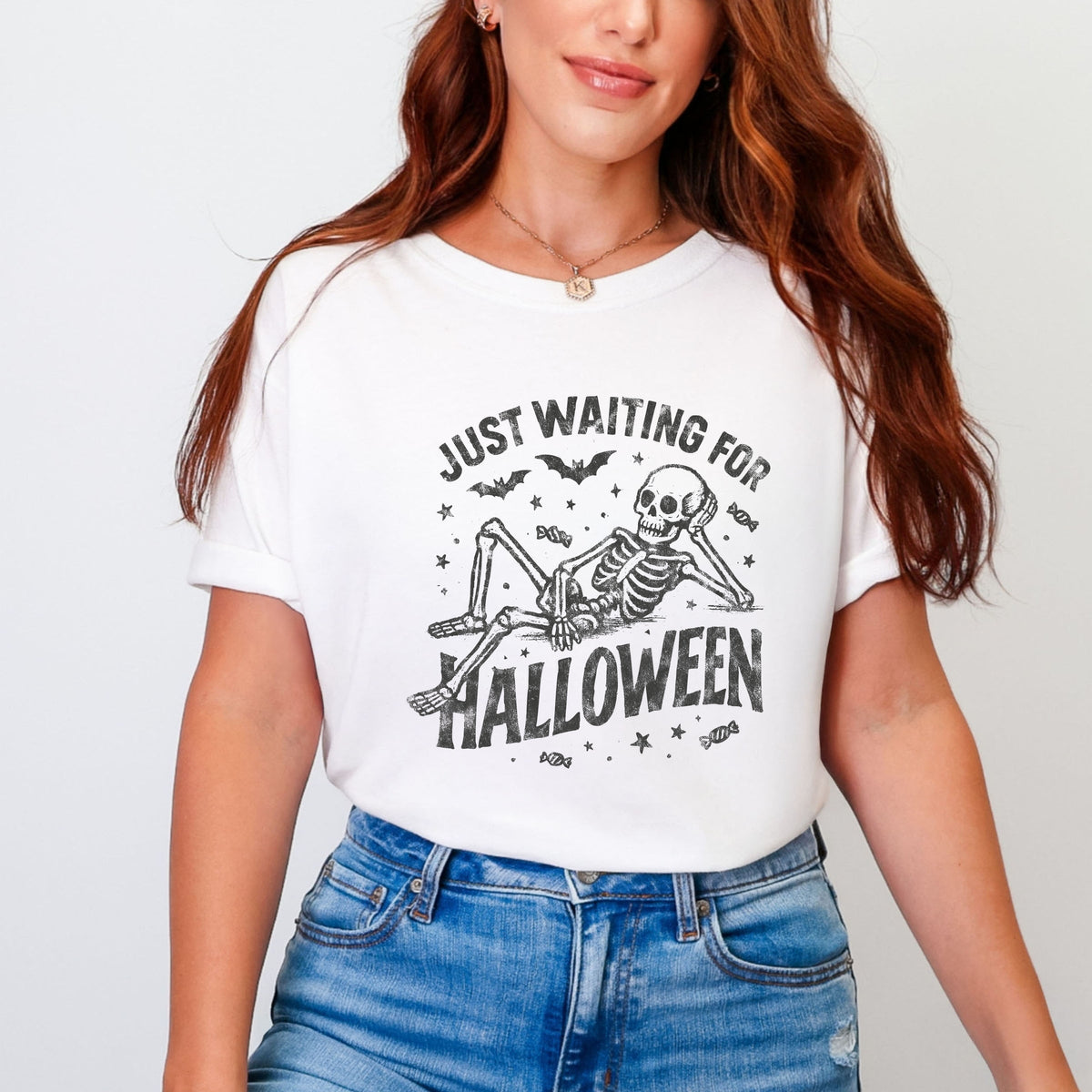 Just Waiting For Halloween Skeleton - Women's Garment Dyed Graphic T-Shirt