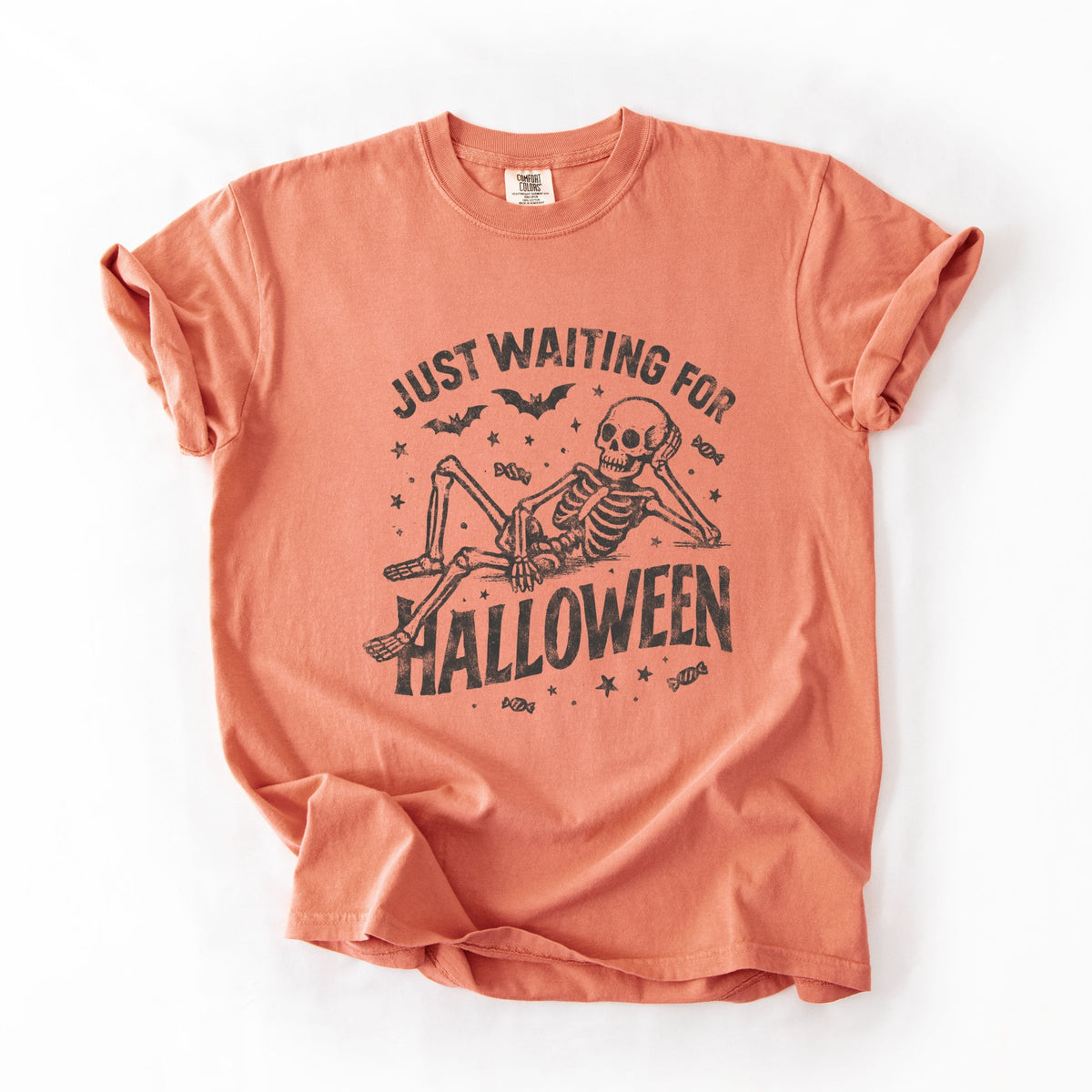 Just Waiting For Halloween Skeleton - Women's Garment Dyed Graphic T-Shirt