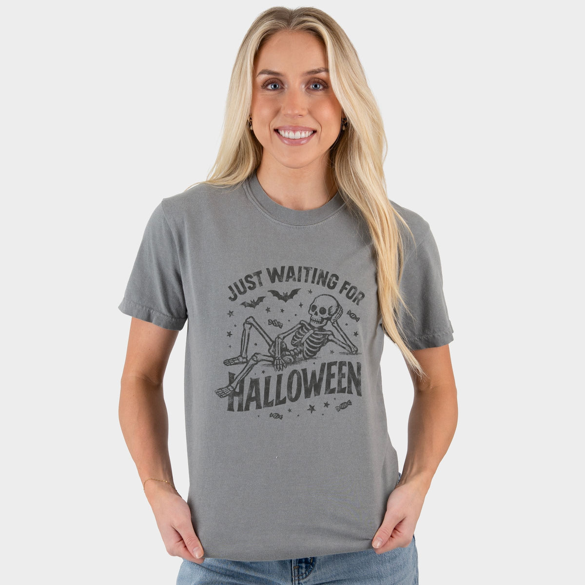 Just Waiting For Halloween Skeleton - Women's Garment Dyed Graphic T-Shirt