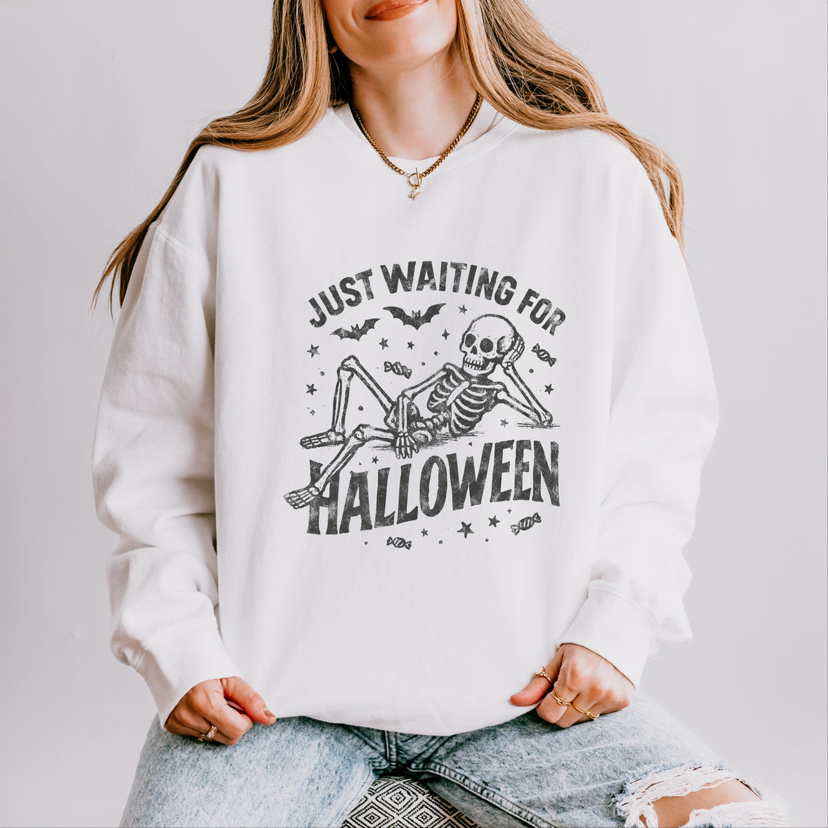 Just Waiting For Halloween Skeleton - Women's Lightweight Garment Dyed Sweatshirt
